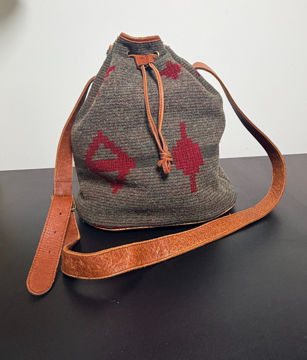 Vintage Banana Republic Safari Travel Wool Bucket Bag Leather Trim Southwest